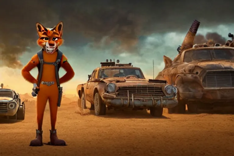 Image similar to nick wilde ( from zootopia ), heavily armed and armored facing down armageddon in a dark and gritty reboot from the makers of mad max : fury road