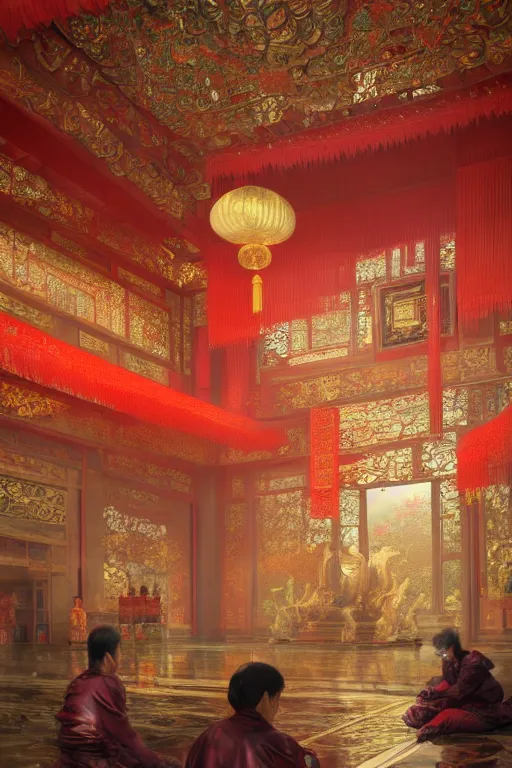 Image similar to inside a luxurious chinese temple, portrait, powerfull, intricate, elegant, volumetric lighting, scenery, digital painting, highly detailed, artstation, sharp focus, illustration, concept art, ruan jia, steve mccurry