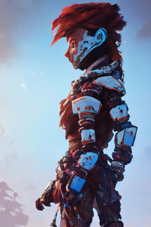 Image similar to combination suit armor aloy horizon forbidden west horizon zero dawn radiating a glowing aura global illumination ray tracing hdr fanart arstation by ian pesty and alena aenami artworks in 4 k tribal robot ninja mask helmet backpack