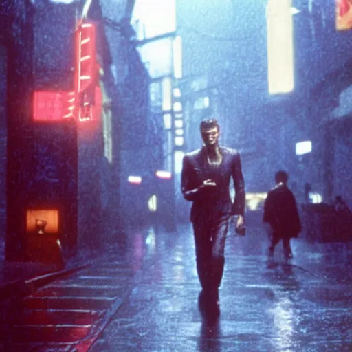 Image similar to David bowie in a rainy bladerunner city street, movie still 4k