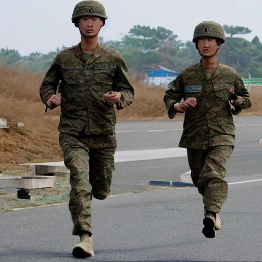 Prompt: forrest gump running through korean demilitarised zone