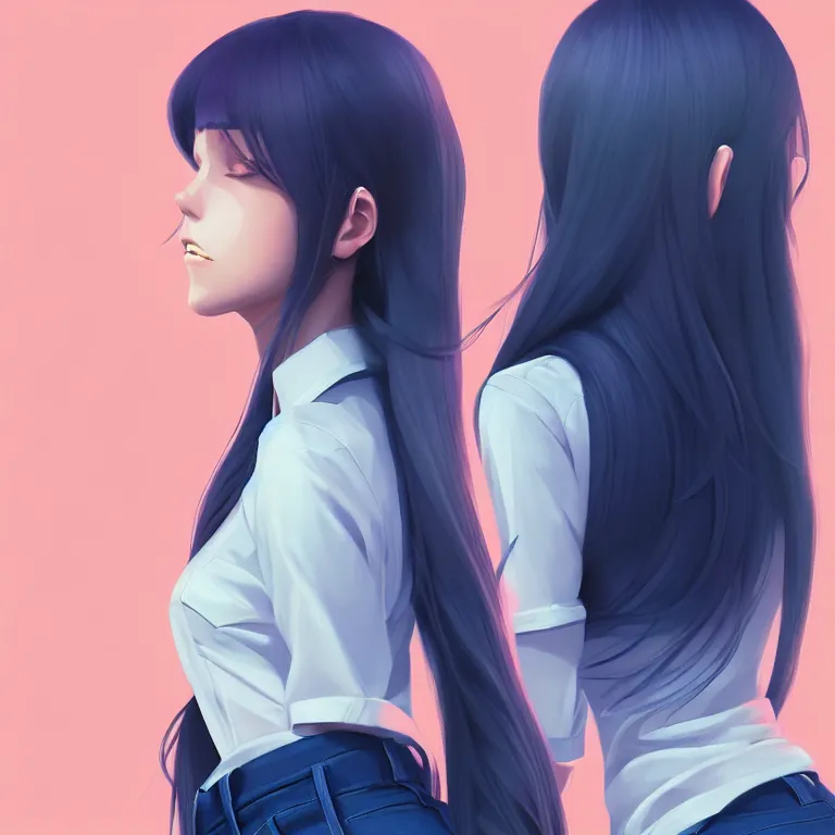 Image similar to urban high school girl in shirt fanart, dark blue long hair, muted colors, matte print, pastel colors, ornate, digital art, digital painting, fan art, elegant, artstation, by Ilya Kuvshinov