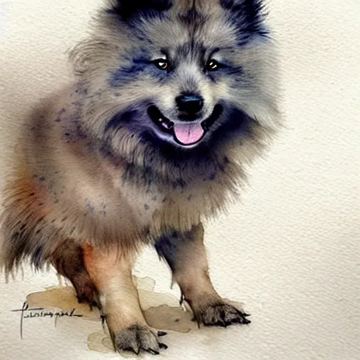 Prompt: a keeshond puppy watercolor painting by jean - baptiste monge, muted colors