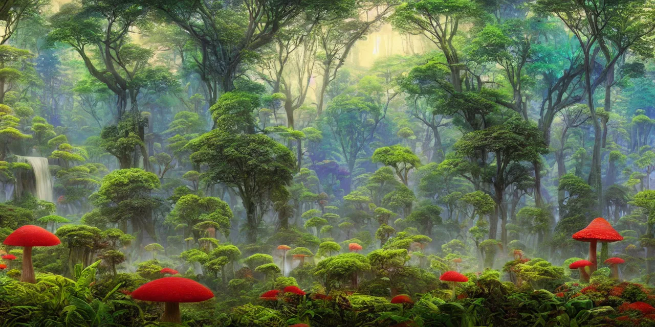 Prompt: lush rainforest in wonderland dmt tripping, sacred geometry details, psychedelic mushrooms, little aliens, by jean giraud and ivan aivazovsky, coherent, psychedelic, hyper realism, high detail, vivid colors, octane render, unreal engine, 8 k, smooth gradients, high contrast, depth of field by jacek yerka