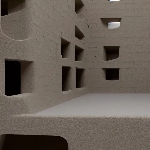 Image similar to indoor photo of a complex brutalist citadel made of 3 d printed rammed earth, people walking