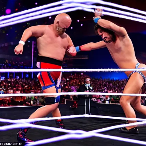 Image similar to stable diffusion versus DALL·E versus Midjourney triple threat match with disco diffusion as a special referee in a wwe wrestling ring