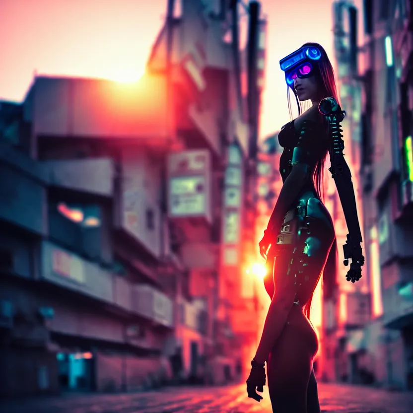 Image similar to a photo close up cyberpunk cyborg girl stands in a cyberpunk hiroshima, prefecture streets, sunset, photorealistic, cinematic lighting, very detailed, style by tomino - sama