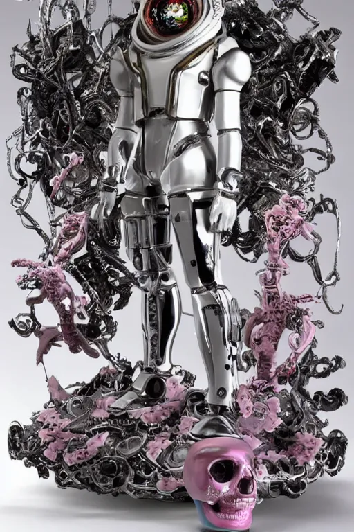 Image similar to full-body rococo and cyberpunk style porcelain and chrome statue of a young attractive Marcelo Mastro android novinho gostoso e dotado falling from the sky, glowing white laser eyes, prince crown of pink gears, diamonds, swirling silver-colored silk fabric. futuristic elements. full-length view. space robots. human skulls. intricate artwork by caravaggio. Trending on artstation, octane render, cinematic lighting from the right, hyper realism, octane render, 8k, depth of field, 3D