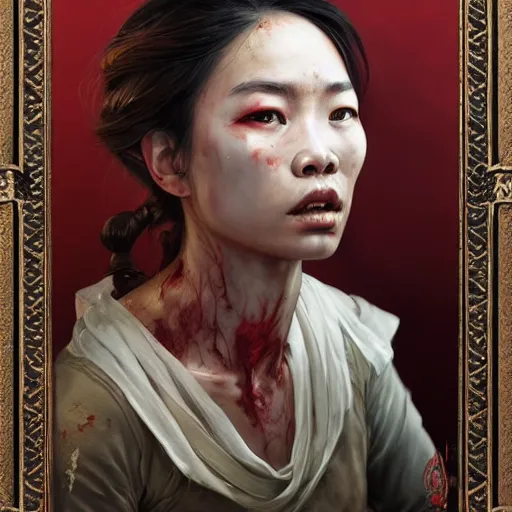 Prompt: portrait painting of a bloodied vietnamese female butcher, ultra realistic, concept art, intricate details, eerie, highly detailed, photorealistic, octane render, 8 k, unreal engine. art by artgerm and greg rutkowski and alphonse mucha