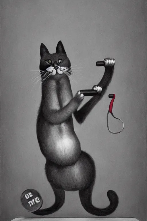 Image similar to anthro cat working out in the gym, an ultrafine detailed painting by mark ryden, trending on deviantart, pop surrealism, whimsical, lowbrow, grotesque