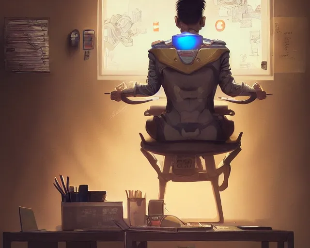 Image similar to an insanely detailed painting of a nerdy asian man wearing a superhero costume, sitting at a desk, staring at the nervously at the computer and typing, in the style of peter mohrbacher, dramatic lighting and composition, surreal background, octane render, pixar, trending on artstation, concept art, comic book, view from behind