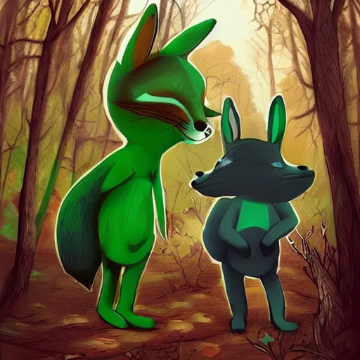 Image similar to 3 woodland critters, resistance, communist, bunny, mouse, fox, political meeting in the woods, antropomorphic, fantasy digital art, art station, green attire, art by kyle ferrin