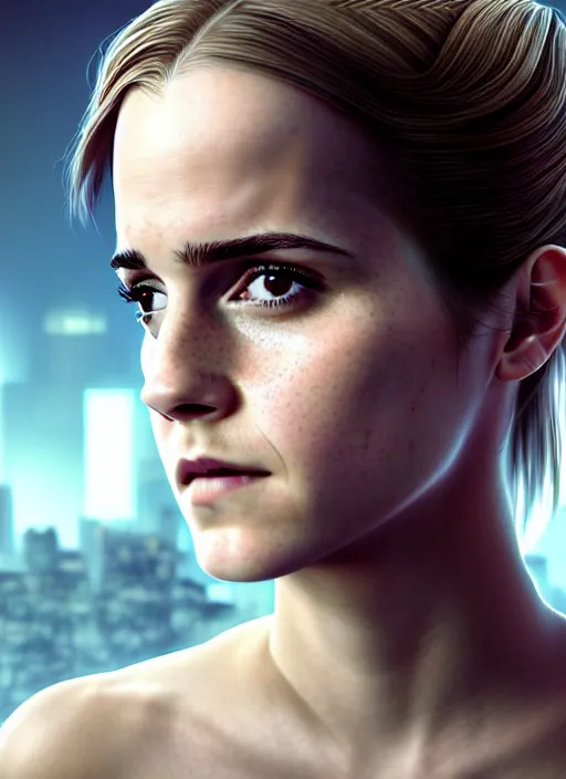 Image similar to 3 / 4 portrait, emma watson, crown, transparent skin, muscle, bones, veins, nerves, hyperrealism, detailed, photorealistic, cyberpunk apocalyptic city, futuristic, ultra realistic, cinematic, intricate, cinematic light, unreal engine 8 k, octane render, unreal engine by charlie bowater, david kostic, stanley lau, artgerm