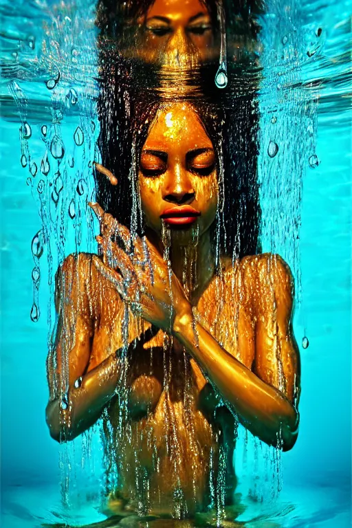 Prompt: hyperrealistic cinematic super expressive! oshun goddess immersed in water!, droplets dripping, gold ornate body jewely, highly detailed face, digital art masterpiece, smooth eric zener cam de leon, dramatic pearlescent turquoise light on one side, low angle uhd 8 k, shallow depth of field