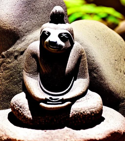 Prompt: a photograph of a sloth buddha meditating in a zen rock garden, nature photography, highly detailed, intricate details, sharp focus, celestial