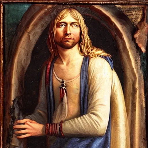 Image similar to Kurt Cobain as a renaissance figure, oil painting from 1413
