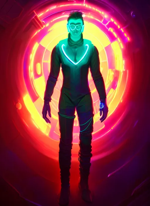 Prompt: a male cyberpunk faceless glowing liquefied stardust adventurer, dnd fantasy character, full body portrait, glowing neon skin, magical aura, ultra realistic, intricate, elegant, highly detailed, digital painting, artstation, smooth, sharp, focus, illustration, art by artgerm and greg rutkowski and alphonse mucha