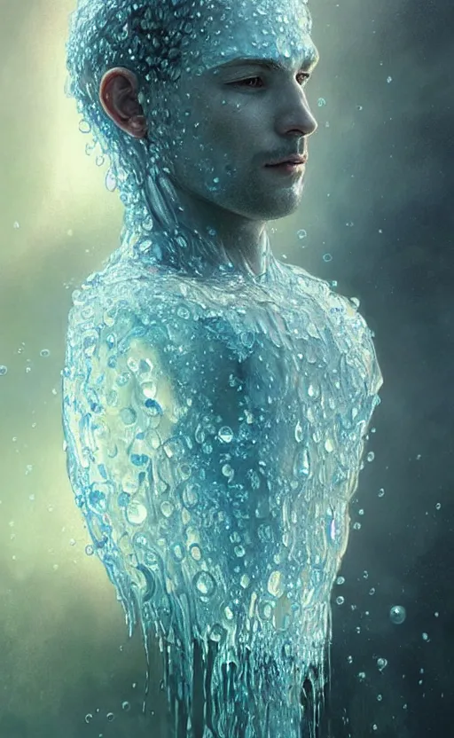 Prompt: portrait of a water man, a humanoid creature made of pure water with tiny water plants on him, concept art, deep focus, fantasy, intricate, highly detailed, digital painting, artstation, matte, sharp focus, illustration, art by artgerm and greg rutkowski and alphonse mucha