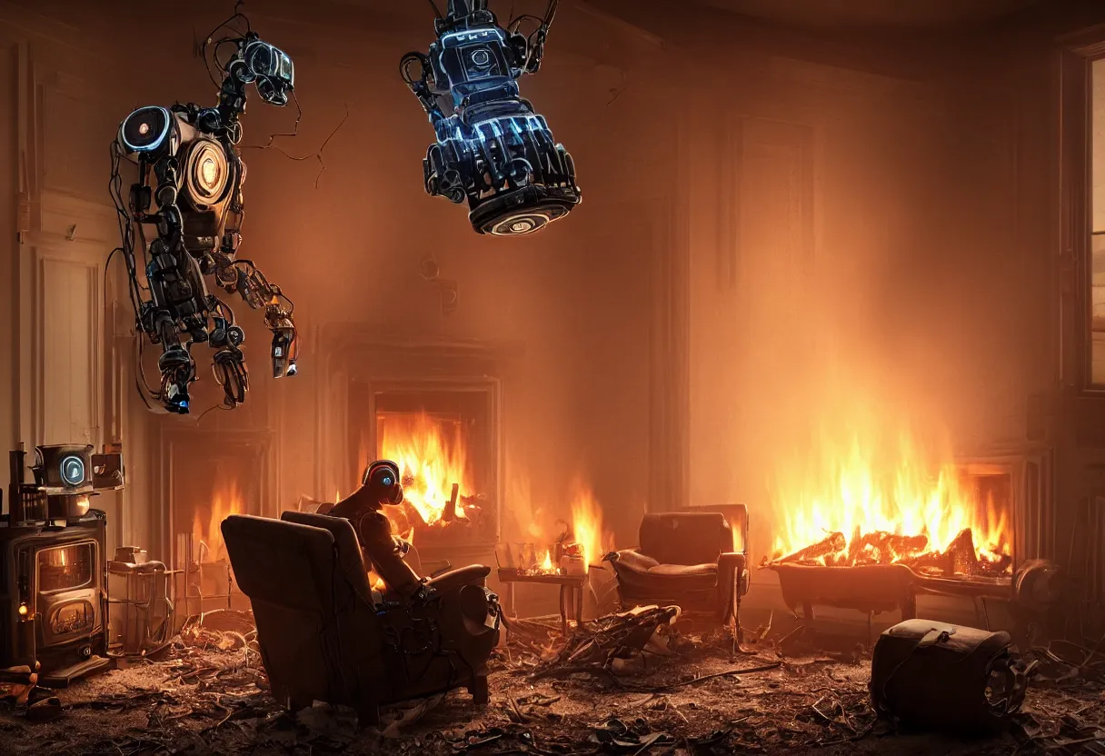 Prompt: An intimate closeup portrait photograph of a menacing cybertronic robot sitting on a frayed recliner in front of a single beautiful fireplace with a cozy fire, in a dilapidated steampunk Victorian home, soft cold morning light seeping in a window, with cinematic lighting and lens flare, tall ceiling, octane render, cgsociety, by Simon Stalenhag, highly detailed close up shot, award-winning highly detailed 8k anamorphic Arri Alexa Cooke cinematic movie photograph