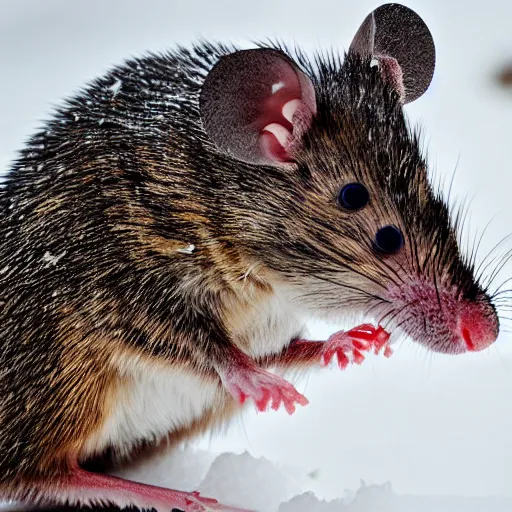 Prompt: mouse dino searching for food in the snow, macro shot, soft light of winter, award winning photo, national geographic,