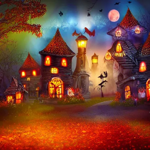 Prompt: Spooky Autumn Fantasy Art Halloween Village Decorations Flowers Glowing ghosts at night