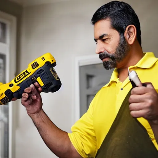 Prompt: latino man using cordless power tool made by dewalt