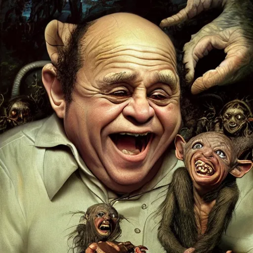 Image similar to Danny Devito as Mystical Gollum, Realistic, Regal, Refined, Detailed Digital Art, Michael Cheval, Walt Disney (1937), François Boucher, Oil Painting, Steampunk, Highly Detailed, Cinematic Lighting, Unreal Engine, 8k