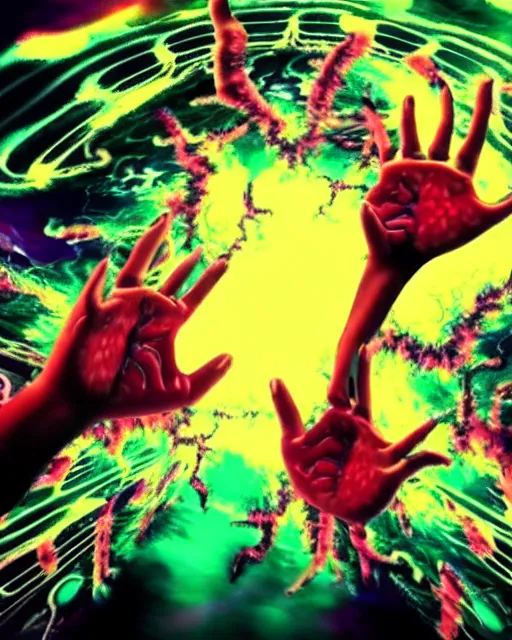 Prompt: psychedelic trip of a cyborg who's escaping death, trippy, lots of hands, 8k, ultra realistic