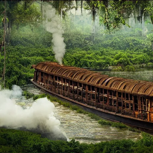 Prompt: A steam wheeler from 1880s, completely overgrown with vines, vegetation and flowers, gently floating down the Amazon river. Photorealistic. Cinematography by Roger Deakins,