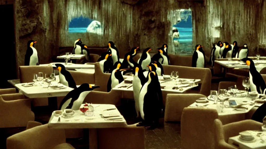 Image similar to restaurant for penguins, film still from the movie directed by denis villeneuve and david cronenberg with art direction by salvador dali and dr. seuss