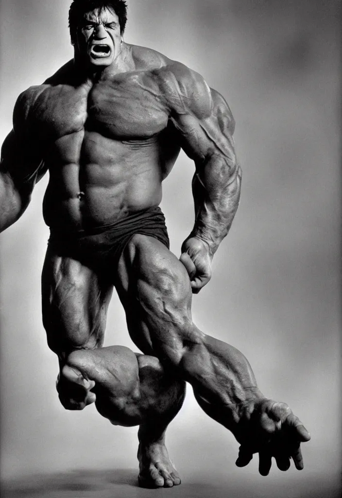 Image similar to a color photo portrait of the incredible hulk looking angry in new york city by richard avedon dramatic lighting.