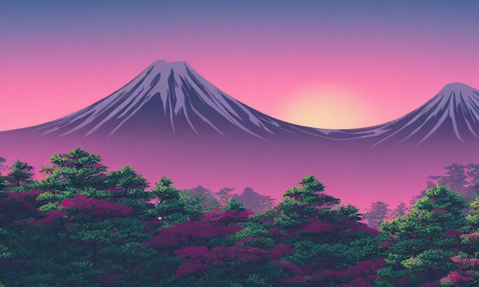 Prompt: japanese mountains and forest in vaporwave colors landscape sunset concept art 4k