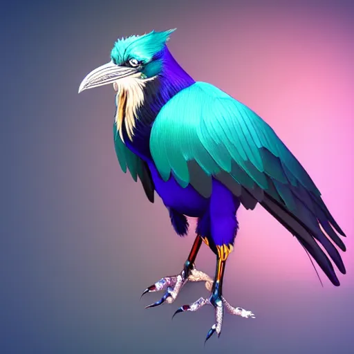 Prompt: concept art of a realistic raven with iridescent feathers. Colourful octane render