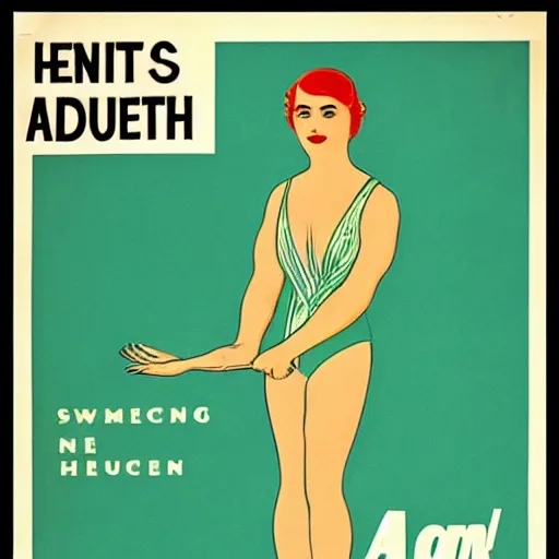 Prompt: year 1 9 2 8 health advice poster for swimming. mint green and gold