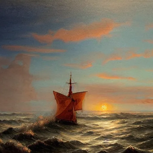 Prompt: ship in the sea, sails, history, wood, oil painting, waves, romanticism, clouds, sunset