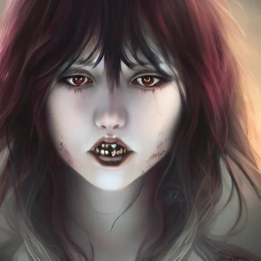 Image similar to Ethereal portrait of a creepy demonic sleep paralysis horror girl with disheveled long dark hair, long bangs, a malicious slight smile revealing fangs, big piercing eyes, dim lighting, medium shot, by artgerm and WLOP