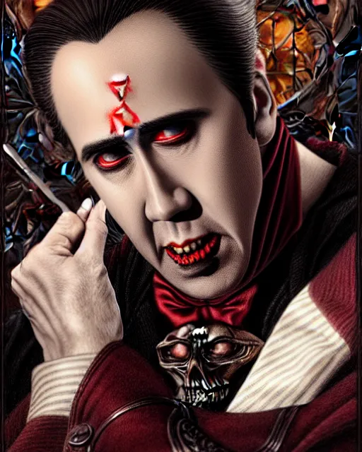 Image similar to nicolas cage as dracula, dogtooth, highly detailed, centered, artstation, concept art, smooth, sharp focus, illustration, bokeh art by artgerm and donato giancola and joseph christian leyendecker