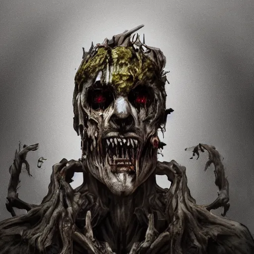 Image similar to god of decay and rot, character design, scary, radiating with power, glowing eyes, whirling death, disgusting, dripping, oily, decomposition, ghostly mist, scary, unreal engine, photorealistic