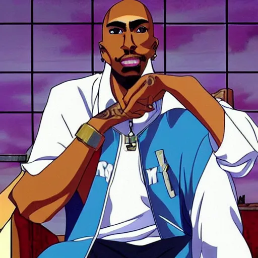 Image similar to Tupac Shakur, screenshot from a 2012s anime