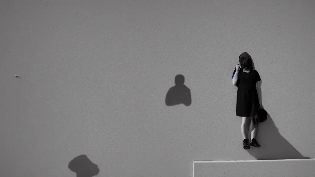 Image similar to A woman looking at her shadow on the wall, camera at the side, minimalist, in the style of Ridley Scott and Stanley Kubrick, full shot, long shot, white walls