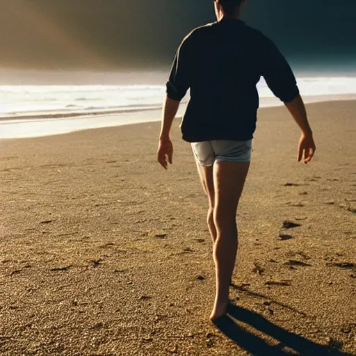 Image similar to a film photo of a man, athletic, walking towards camera on an Oregon beach, facing camera, natural lighting, golden hour, well lit, Kodak gold 200 film, trending on instagram