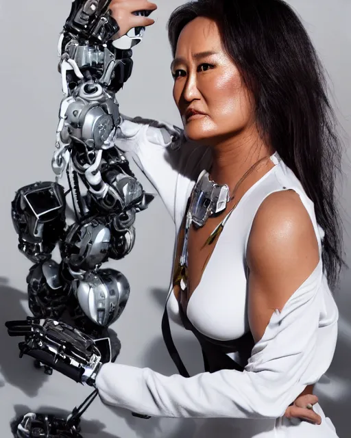 Prompt: blissful tia carrere with solarpunk mecha humanoid robotic parts with bright led lights, real human face, pudica pose gesture, by michelangelo, in white room, ultra - realistic and intricate, portrait shot 8 k