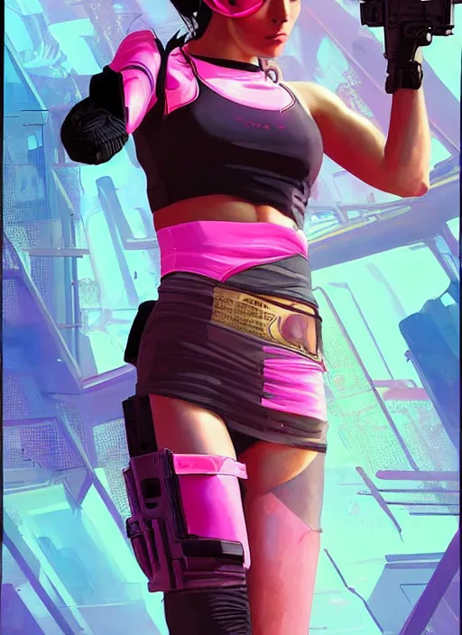 Image similar to beautiful cyberpunk female athlete wearing pink athletic gear. firing a futuristic red automatic pistol with huge magazine. ad for pistol. cyberpunk poster by james gurney, azamat khairov, and alphonso mucha. artstationhq. gorgeous face. painting with vivid color, cell shading. ( rb 6 s, cyberpunk 2 0 7 7 )