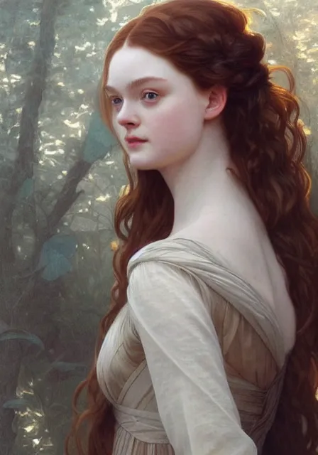 Image similar to sansa elle fanning, intricate, elegant, highly detailed, digital painting, artstation, concept art, smooth, sharp focus, illustration, art by artgerm and greg rutkowski and alphonse mucha and william - adolphe bouguereau