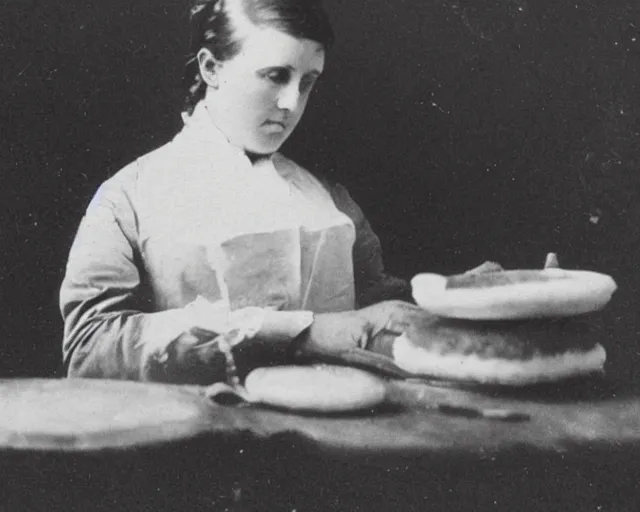 Image similar to an early 1800s photo of someone sitting at a computer making a donut in blender