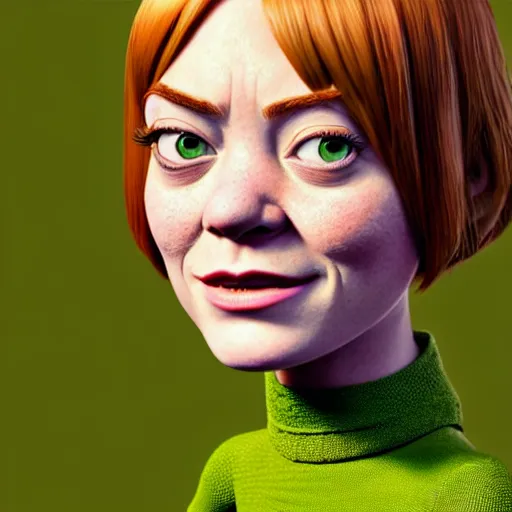 Image similar to Emma Stone as a female version of Shrek, she has shrek nose, long pointy ears features, with green skin, fully detailed, high quality , 4k , octane render , soft lightening , masterpiece