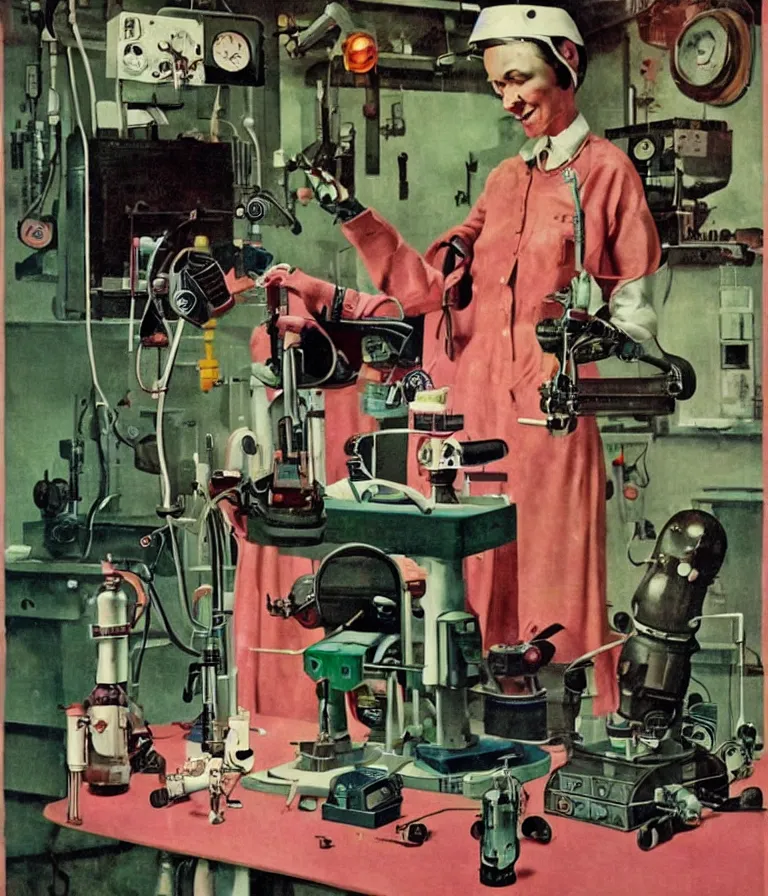 Image similar to a female mad scientist building a retro robotic!!! man!!!, in a darkly lit laboratory room, 1 9 5 0 s horror film movie poster style, ( norman rockwell oil painting ), retro science fiction, vintage, saturated pink and green lighting, shadowy lighting