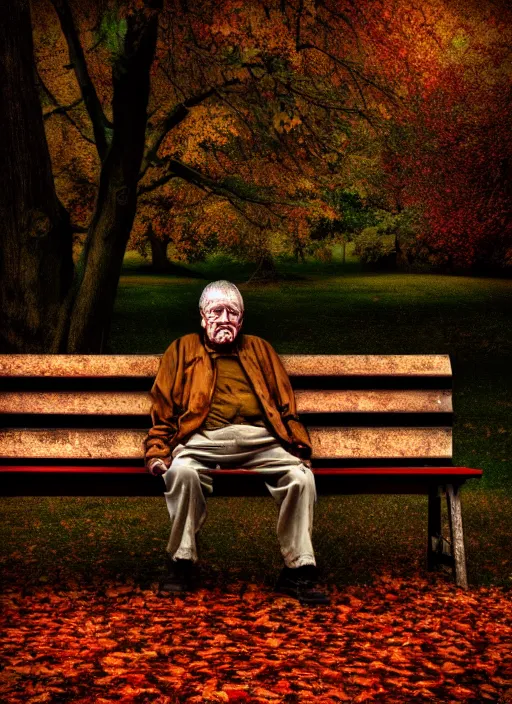 Image similar to conceptual photography portrait of an old man on a park bench fading into nothing, autumn tranquility, forgetfulness, fading to dust and leaves, oblivion, inevitability, aging, surreal portrait, moody, deep oranges and browns, color toning, hopeless, 4 k