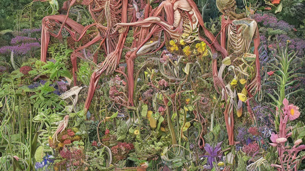 Image similar to highly detailed illustration of a single human anatomy body surrounded by all the known species of plants and flowers by juan gatti, by moebius!, by oliver vernon, by joseph moncada, by damon soule, by manabu ikeda, by kyle hotz, by dan mumford, by kilian eng