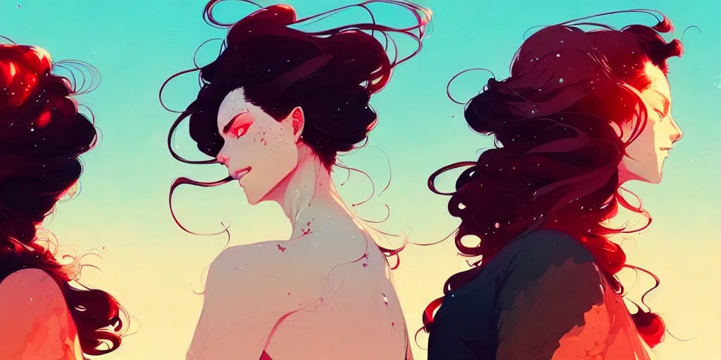 Image similar to a ultradetailed beautiful panting of two stylish woman with flowing hair standing back to back, by conrad roset, greg rutkowski and makoto shinkai, trending on artstation